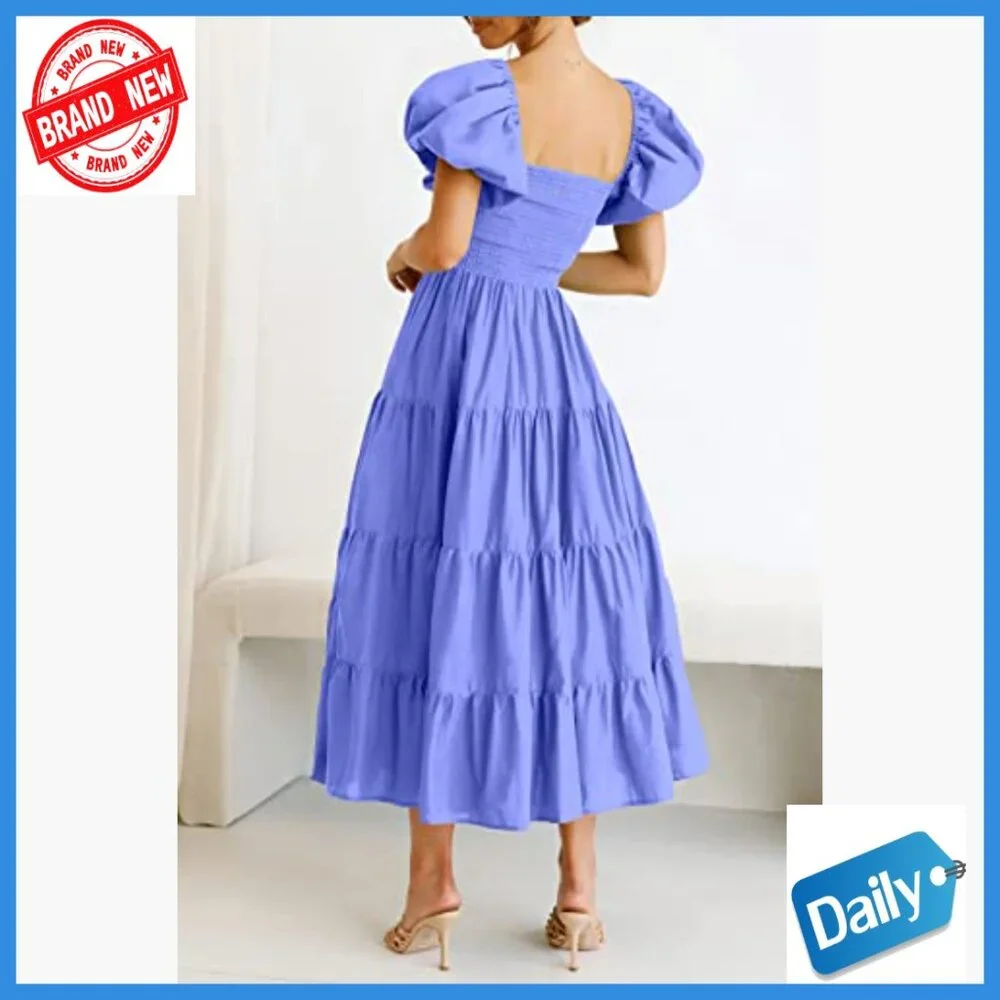 Puffy Sleeve Square Neck Smocked Midi Dress Tiered Ruffle Summer Casual - Picture 4 of 7